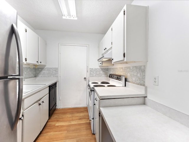 kitchen featuring stainless steel fridge, dishwasher, white cabinets, and white electric range oven