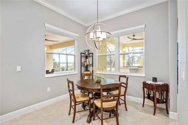 tiled dining room featuring an inviting chandelier and ornamental molding