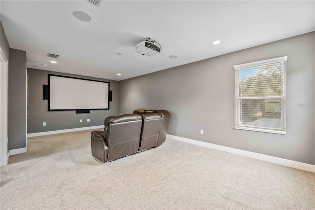 cinema room with light carpet