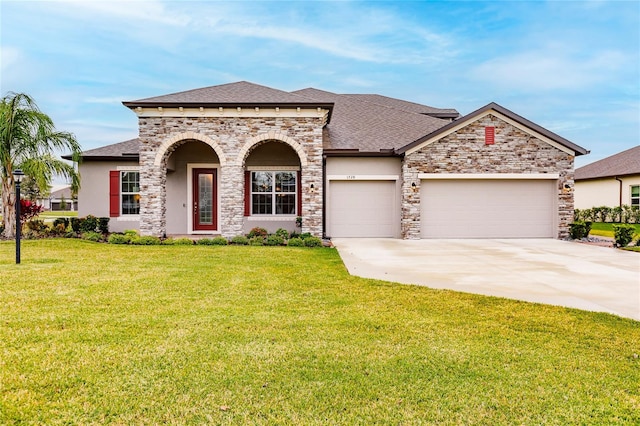 view of front of property featuring a front yard and a garage