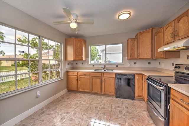 kitchen with electric range, ceiling fan, sink, and black dishwasher