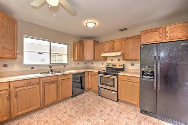 kitchen featuring decorative backsplash, ceiling fan, sink, and black appliances