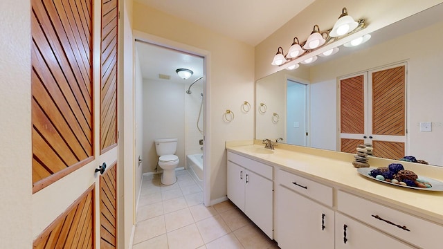 full bathroom with bathing tub / shower combination, vanity, tile patterned flooring, and toilet