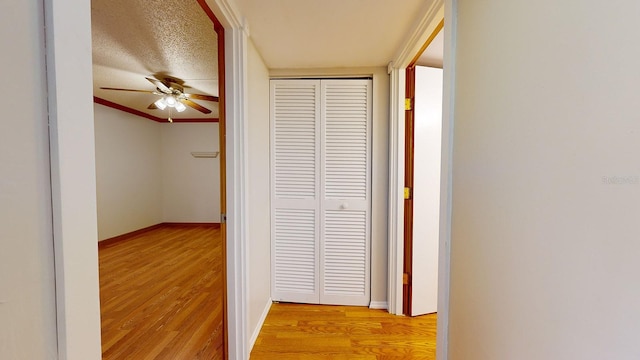 corridor featuring light hardwood / wood-style flooring and a textured ceiling