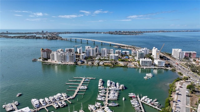 aerial view featuring a water view and a view of city