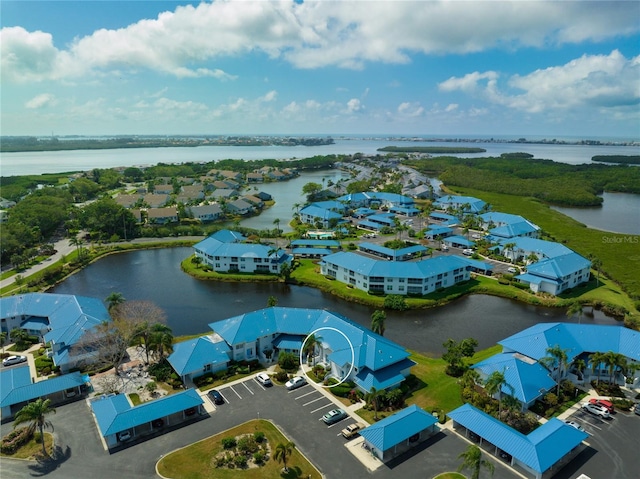 aerial view featuring a water view