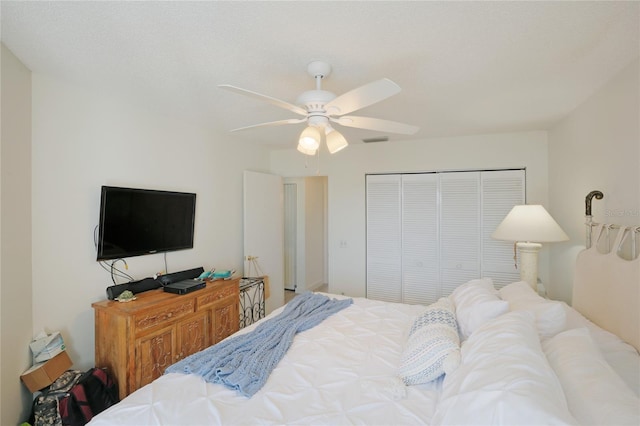 bedroom with ceiling fan and a closet