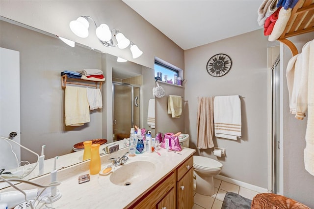 bathroom featuring an enclosed shower, tile floors, oversized vanity, and toilet