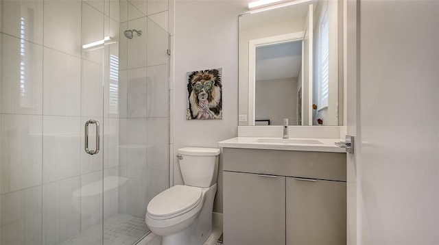 bathroom with vanity, toilet, and a shower with door