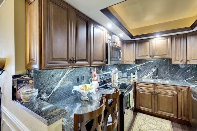 kitchen featuring stainless steel appliances, dark stone counters, decorative backsplash, sink, and a tray ceiling