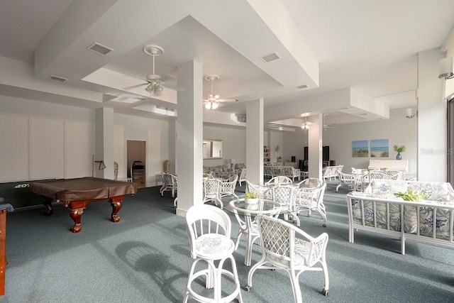 carpeted dining area featuring ceiling fan and billiards