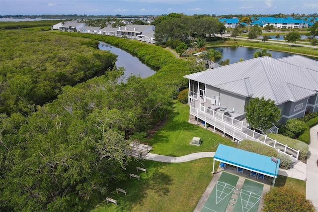 drone / aerial view featuring a water view