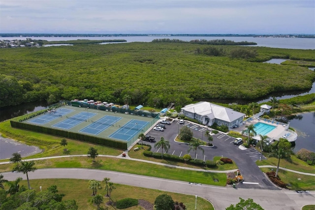 drone / aerial view with a water view