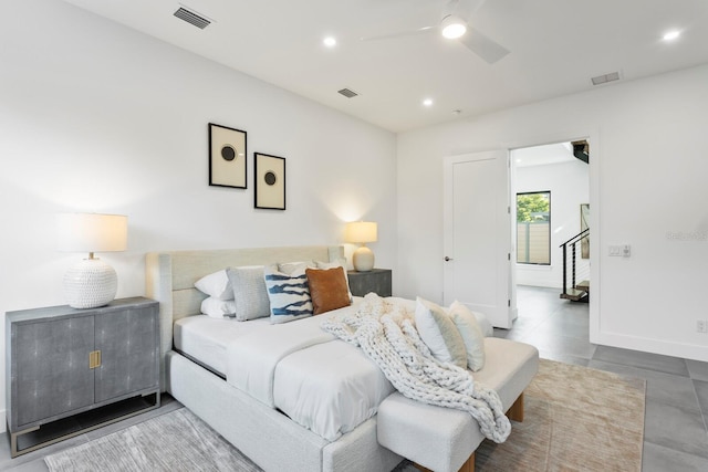 bedroom featuring baseboards, visible vents, and recessed lighting