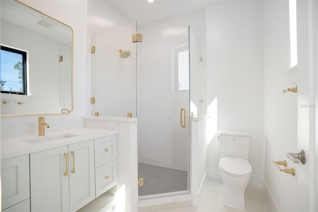 bathroom with a stall shower, visible vents, toilet, tile patterned flooring, and vanity