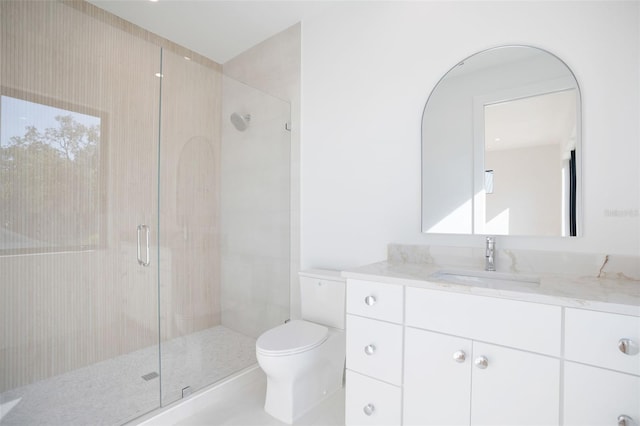 bathroom featuring toilet, a stall shower, and vanity