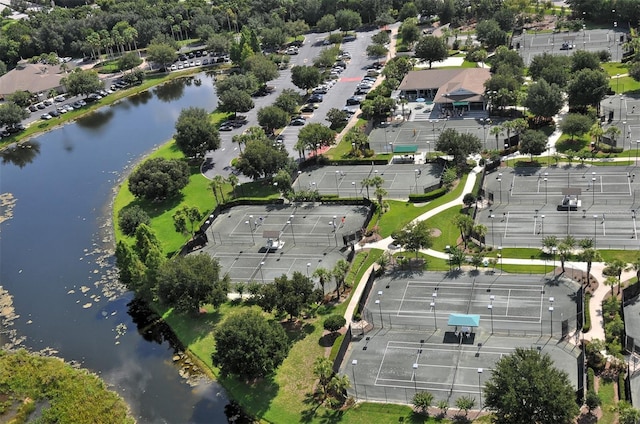 bird's eye view with a water view