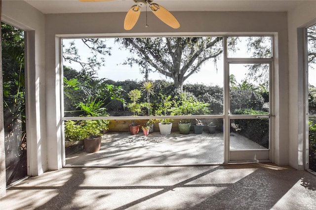 unfurnished sunroom with ceiling fan