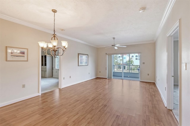 spare room featuring a textured ceiling, ornamental molding, ceiling fan with notable chandelier, and light wood-type flooring