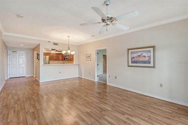 unfurnished living room featuring crown molding, hardwood / wood-style floors, and ceiling fan with notable chandelier