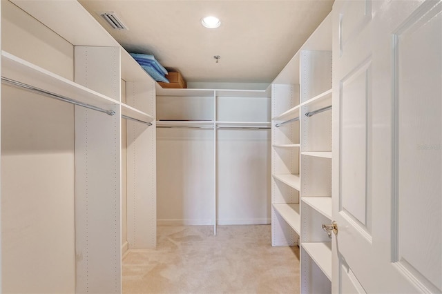 spacious closet featuring light colored carpet