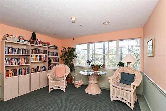 sitting room featuring dark carpet