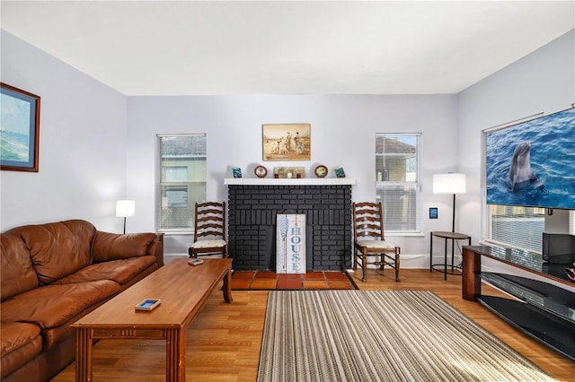 living room featuring a fireplace and light wood-type flooring