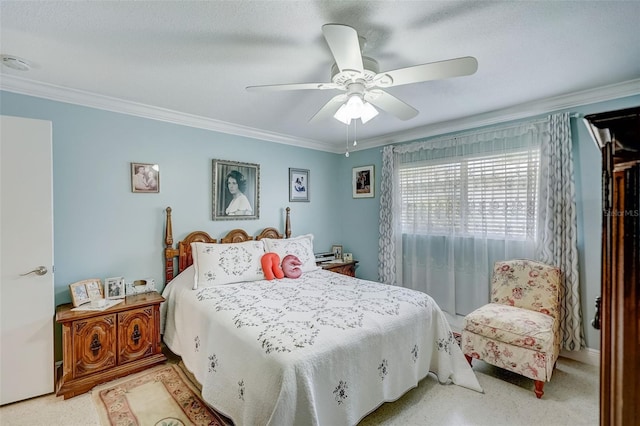 bedroom with light carpet, a ceiling fan, and crown molding