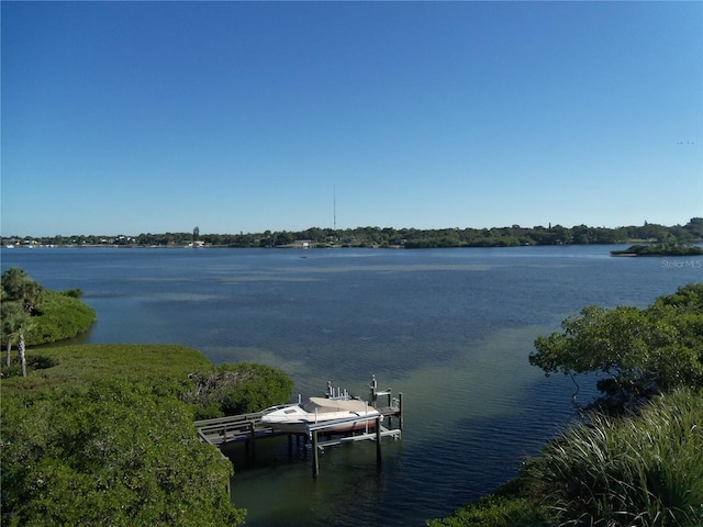 view of water feature with a dock