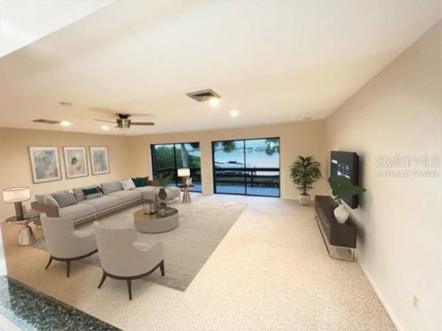 living room with light colored carpet and ceiling fan