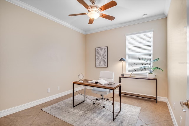 office space featuring ceiling fan, light tile patterned flooring, and crown molding