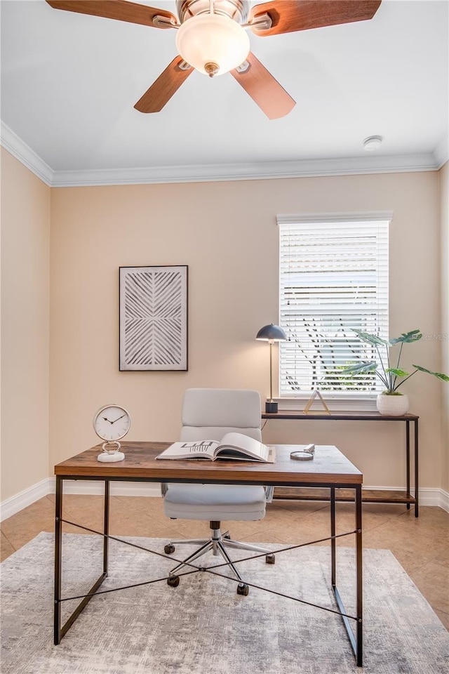 office area featuring crown molding and ceiling fan