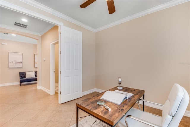 office space with ceiling fan, light tile patterned flooring, and ornamental molding