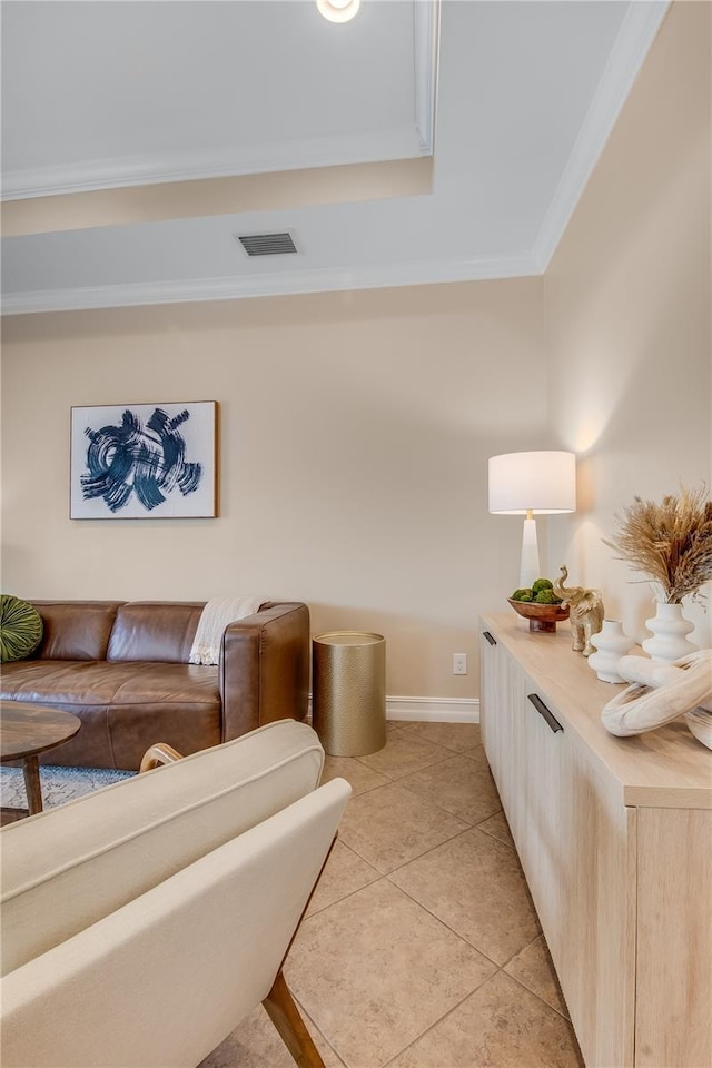 tiled living room with crown molding