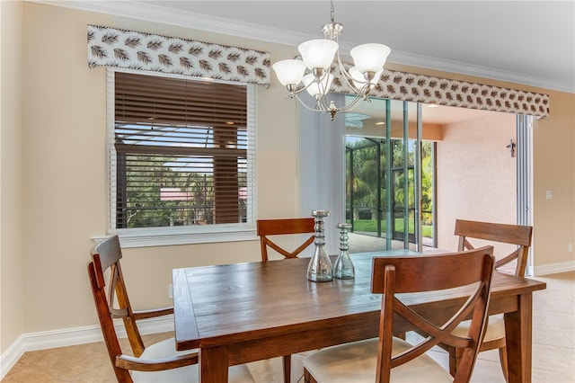 tiled dining space featuring a notable chandelier and crown molding