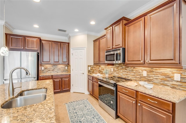 kitchen featuring sink, decorative backsplash, light stone countertops, light tile patterned flooring, and stainless steel appliances