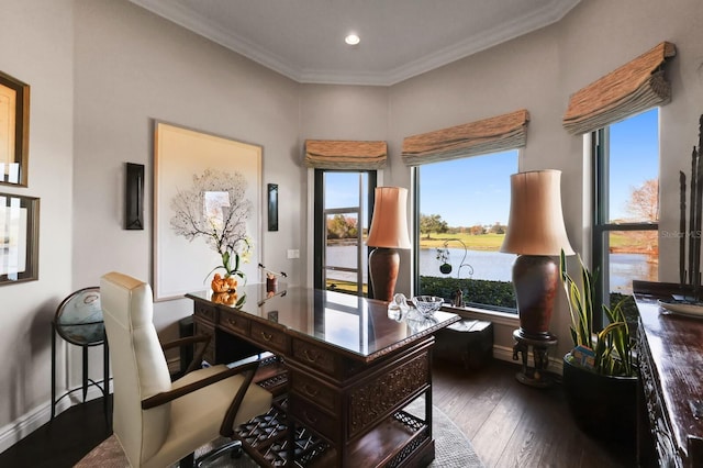 home office with ornamental molding, a water view, and dark hardwood / wood-style floors