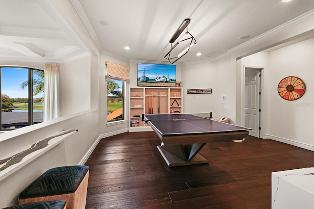 playroom featuring ornamental molding and dark hardwood / wood-style floors