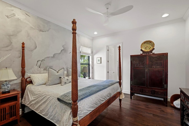 bedroom with ornamental molding, ceiling fan, and dark hardwood / wood-style flooring