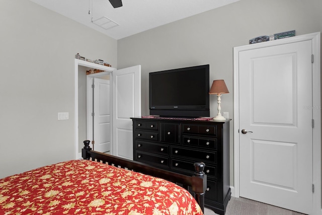 bedroom with ceiling fan and carpet flooring