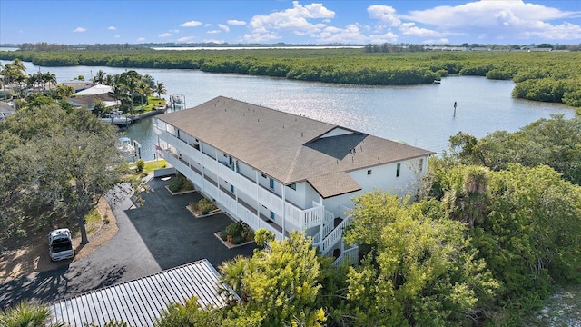 aerial view featuring a water view