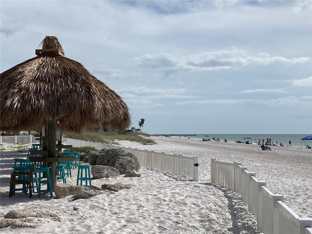 view of water feature with a beach view