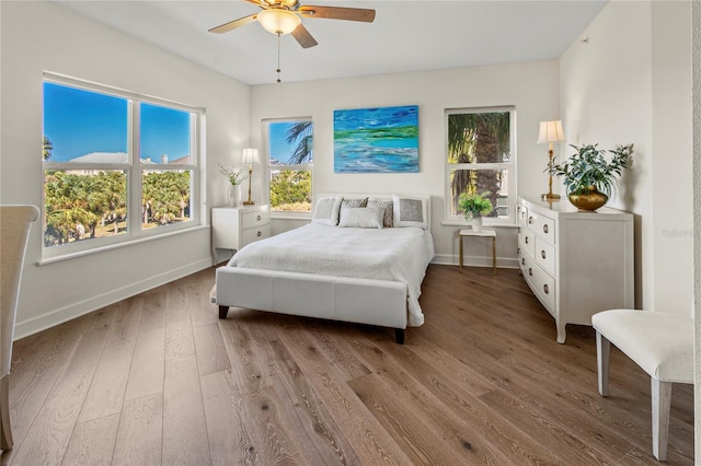 bedroom featuring ceiling fan and light wood-type flooring