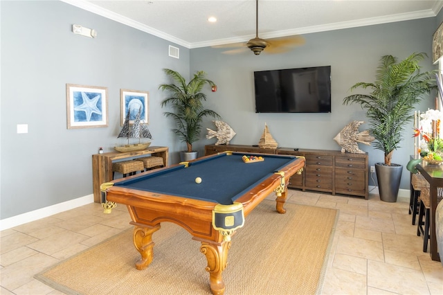 rec room with light tile floors, billiards, and ceiling fan