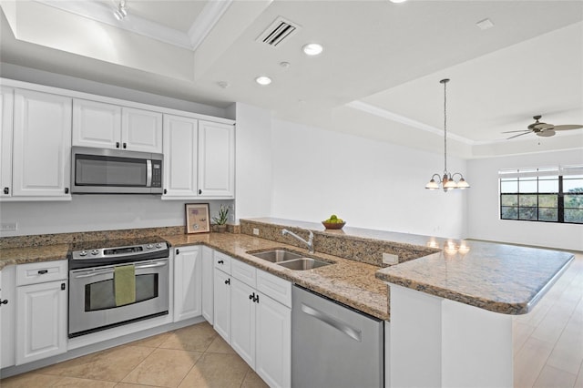 kitchen featuring kitchen peninsula, white cabinetry, sink, and stainless steel appliances