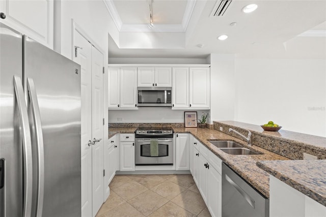 kitchen featuring a tray ceiling, stainless steel appliances, white cabinetry, a sink, and dark stone counters