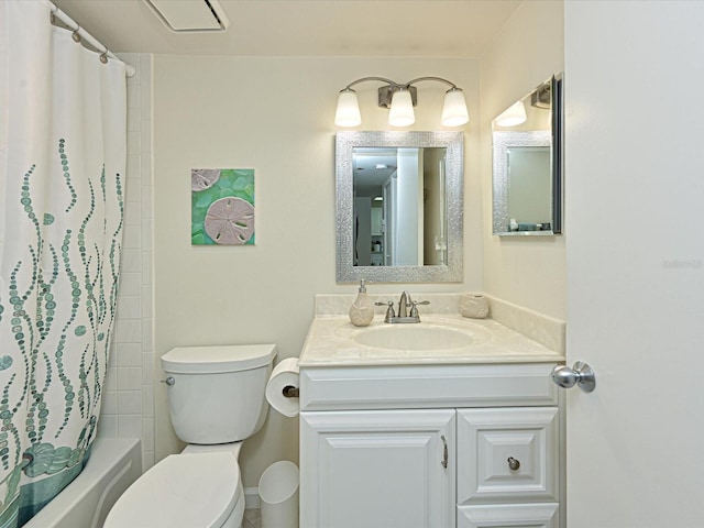 full bathroom featuring oversized vanity, toilet, and shower / bathtub combination with curtain