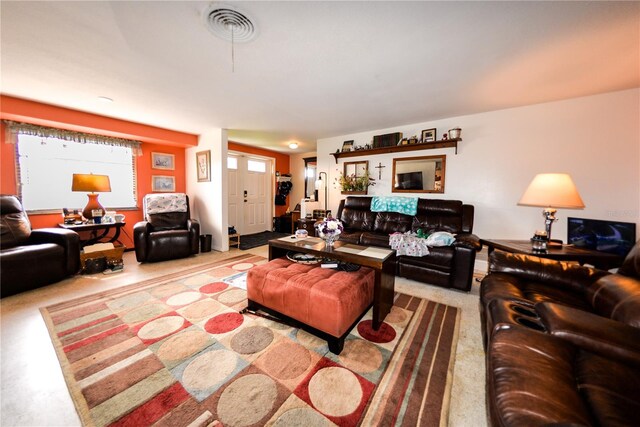 living room with light carpet