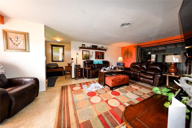 living room featuring light colored carpet