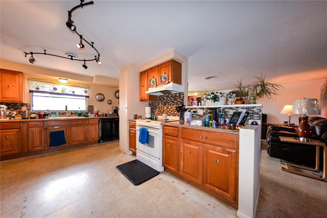 kitchen featuring backsplash, premium range hood, white electric stove, and dishwasher